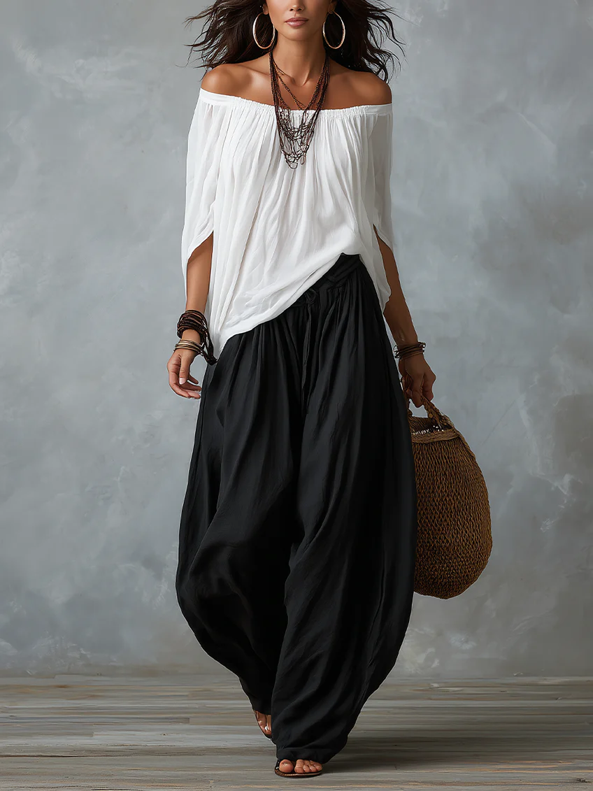 White Off-Shoulder Lantern Pants Set