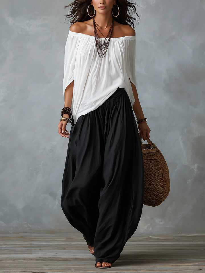 White Off-Shoulder Lantern Pants Set