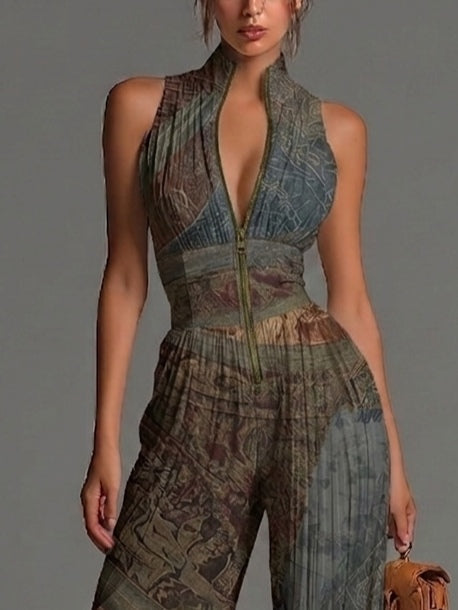 Gray Blue Bohemian Wide-Leg Jumpsuit