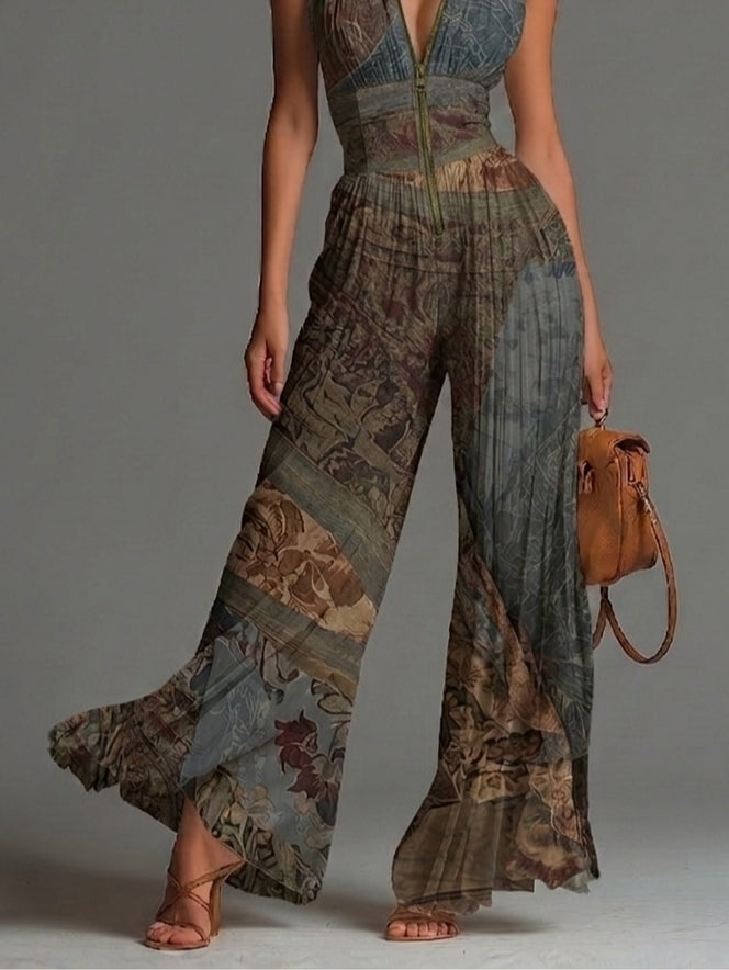 Gray Blue Bohemian Wide-Leg Jumpsuit