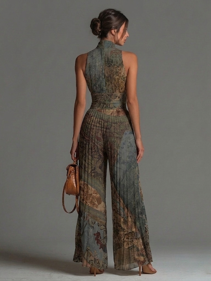 Gray Blue Bohemian Wide-Leg Jumpsuit