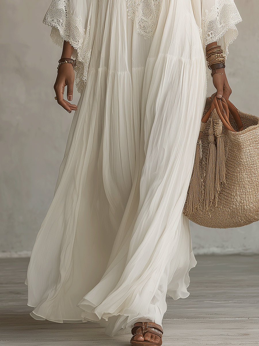 Celeste | Airy Ivory Maxi Dress with Lace Trim