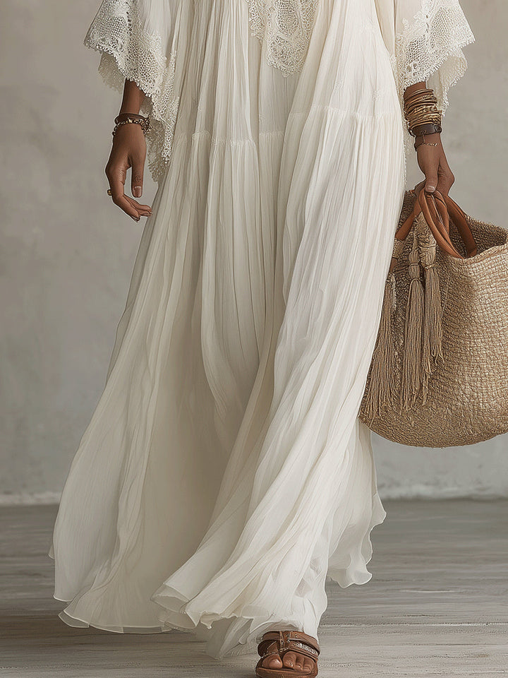 Celeste | Airy Ivory Maxi Dress with Lace Trim