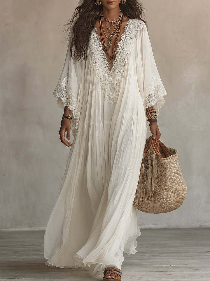 Celeste | Airy Ivory Maxi Dress with Lace Trim