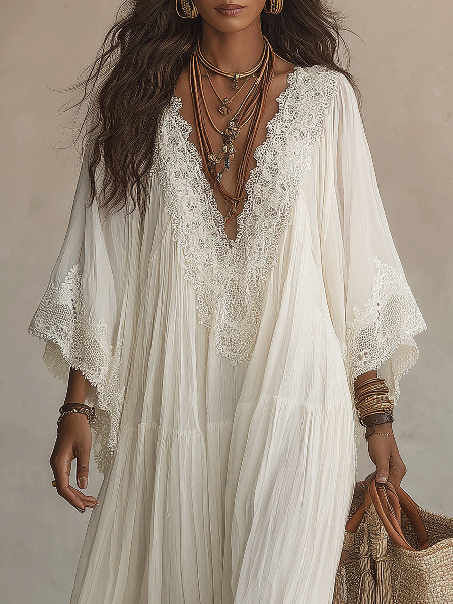 Celeste | Airy Ivory Maxi Dress with Lace Trim