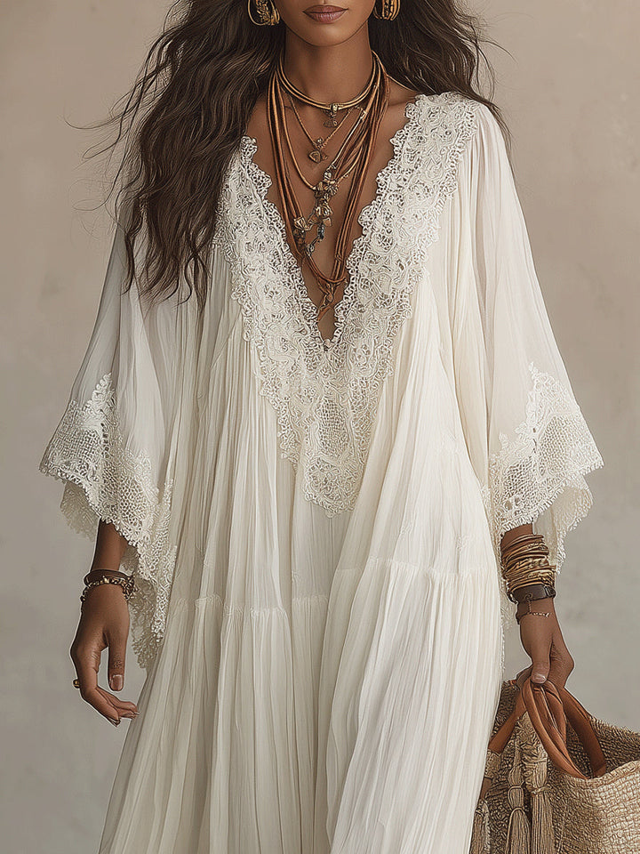 Celeste | Airy Ivory Maxi Dress with Lace Trim