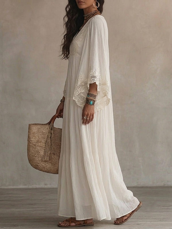 Celeste | Airy Ivory Maxi Dress with Lace Trim