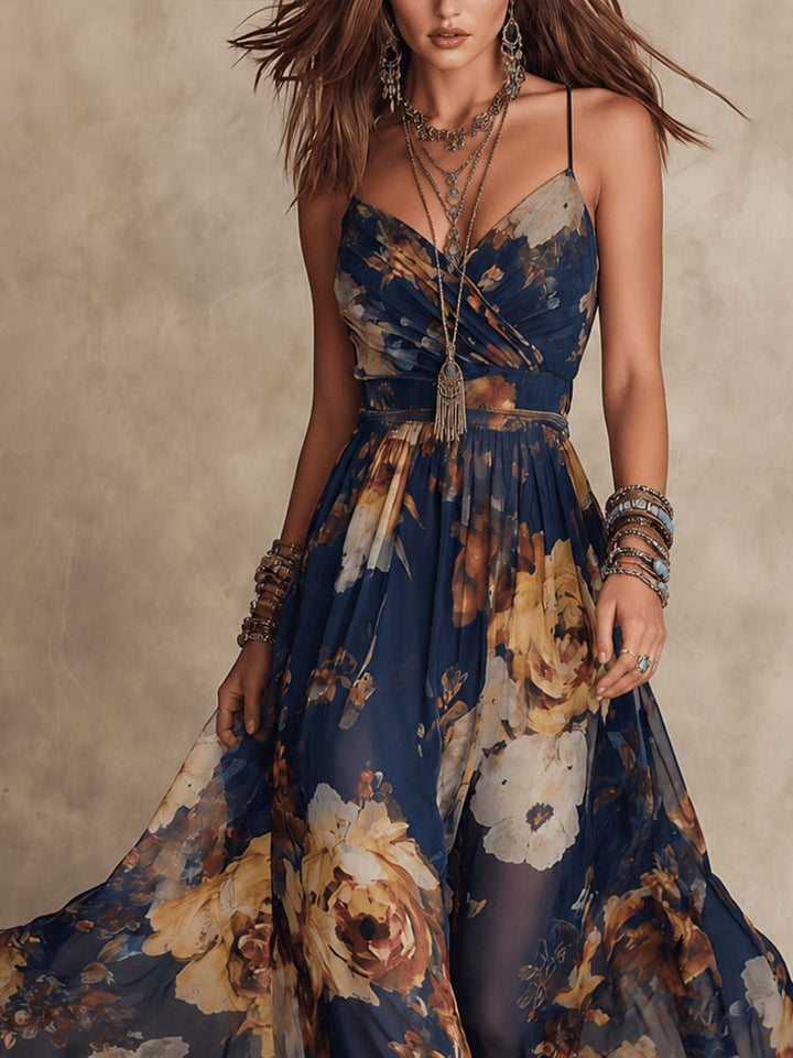 Navy Floral Print Maxi Dress