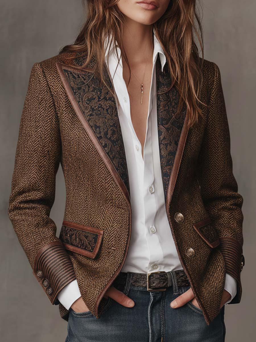 Brown Herringbone Panel Blazer