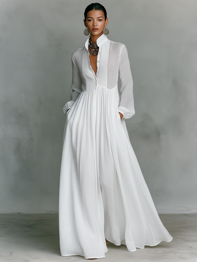 High-Collar Long Sleeve Maxi Dress