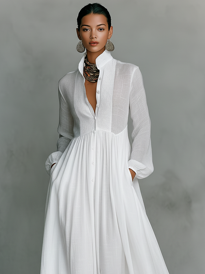 High-Collar Long Sleeve Maxi Dress