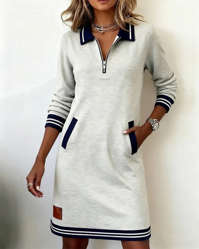Delia zip-front lapel dress in grey