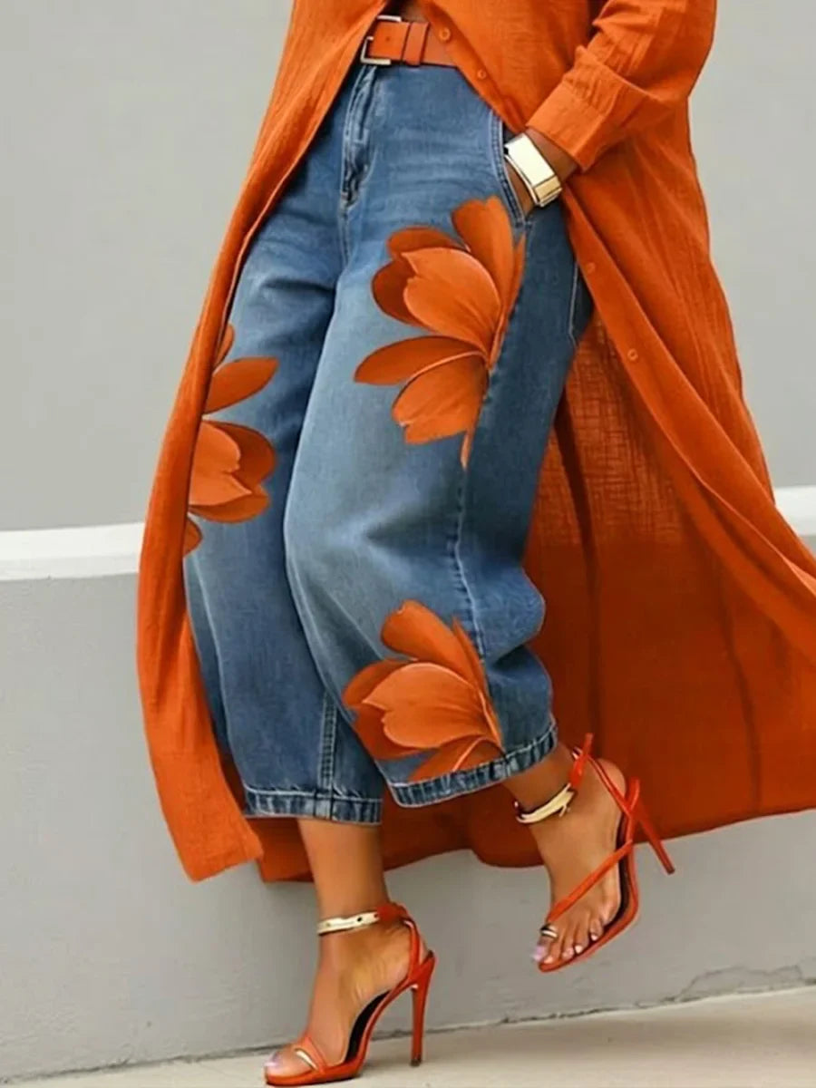 Analie - Shirt Dress and Floral Jeans Set