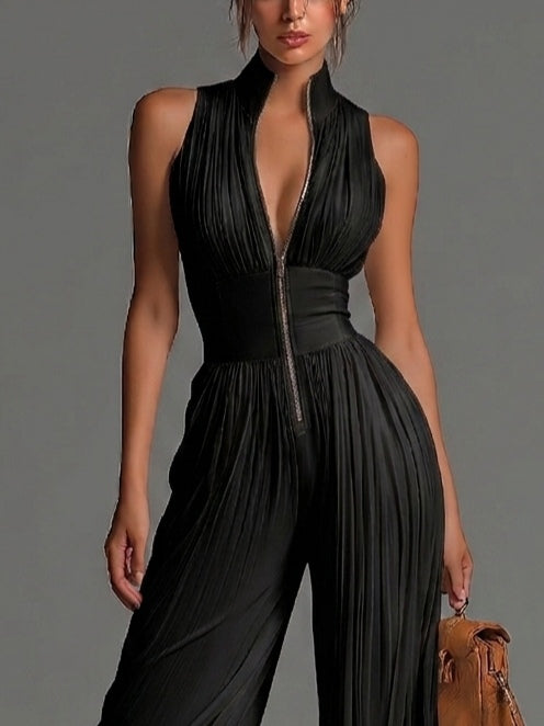Black Pleated Wide-Leg Jumpsuit