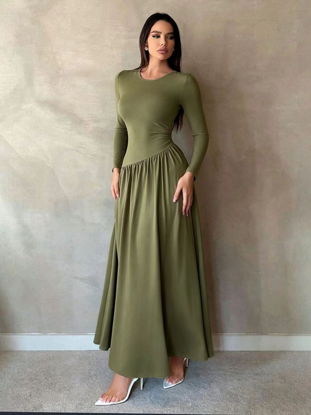 Maxine™ | Gathered Waist Long Sleeve Maxi Dress
