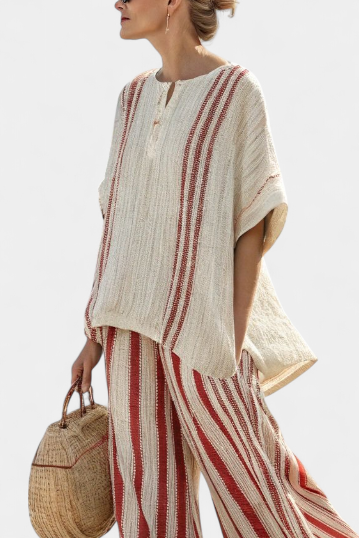 Mirella | Sophisticated Textured Red-Stripe Top & Linen Trousers