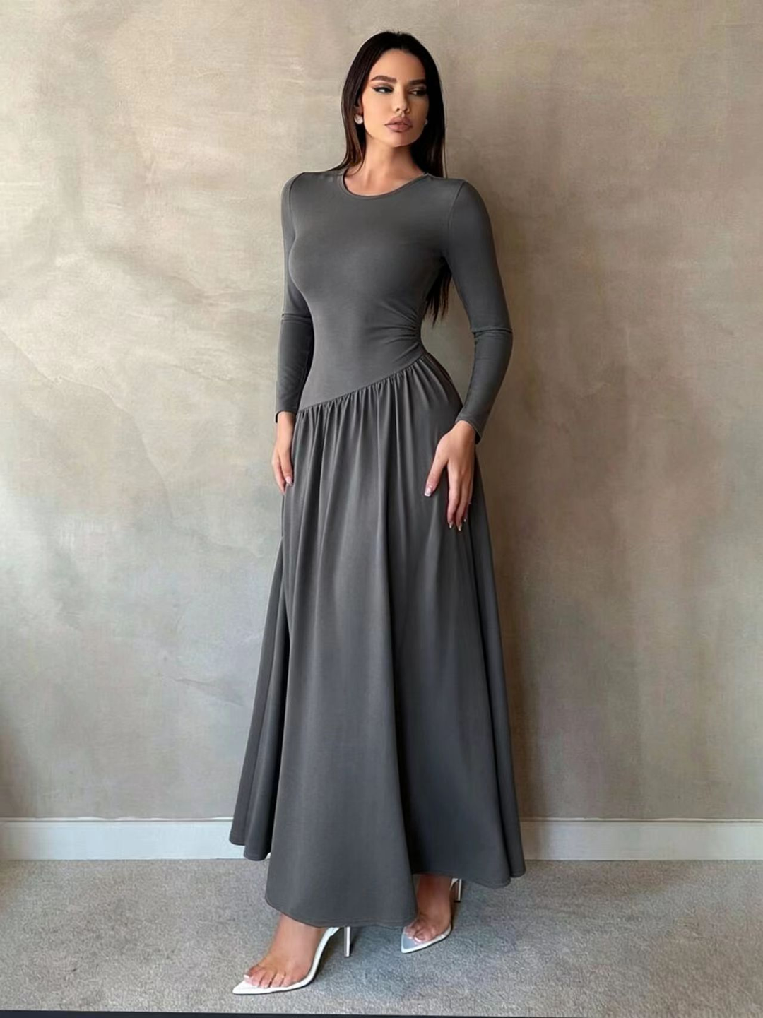 Maxine™ | Gathered Waist Long Sleeve Maxi Dress