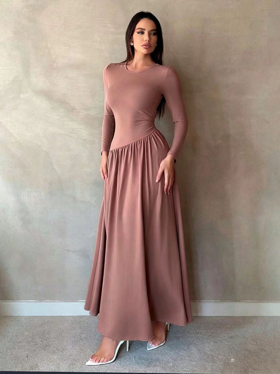 Maxine™ | Gathered Waist Long Sleeve Maxi Dress
