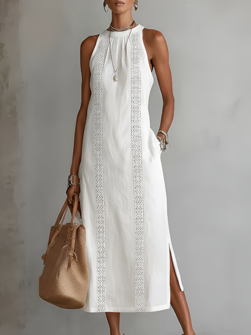 Jimena | Mandarin Collar Midi Dress with Pockets
