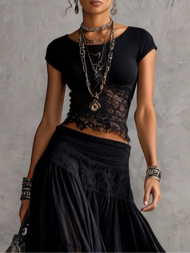 Black Lace-Panel Top and Skirt Set