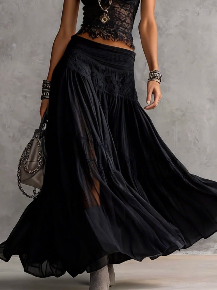 Black Lace-Panel Top and Skirt Set