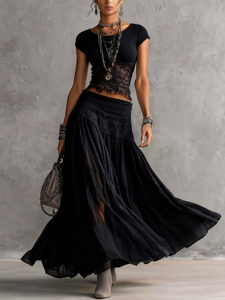 Black Lace-Panel Top and Skirt Set
