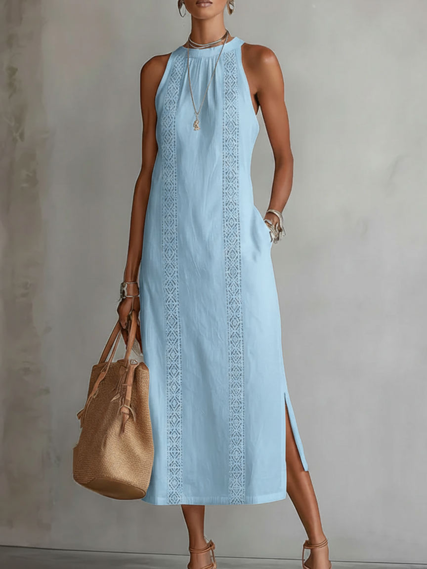 Jimena | Mandarin Collar Midi Dress with Pockets