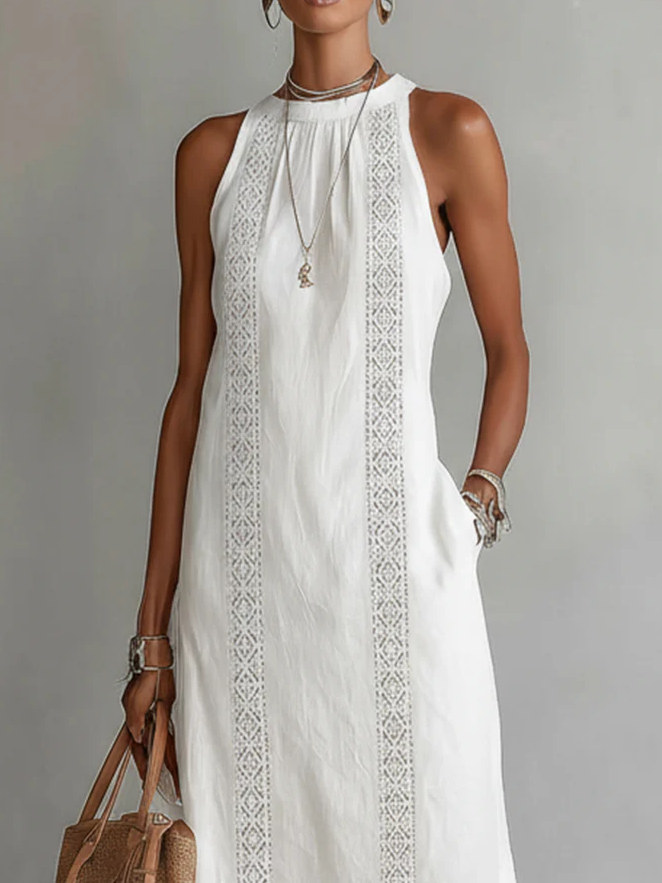 Jimena | Mandarin Collar Midi Dress with Pockets