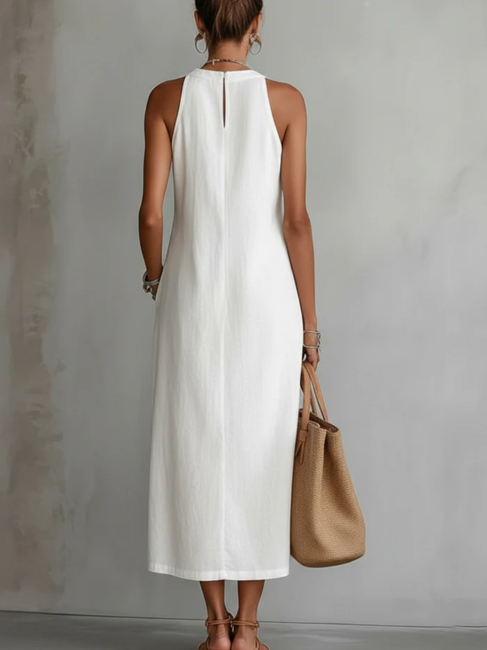 Jimena | Mandarin Collar Midi Dress with Pockets