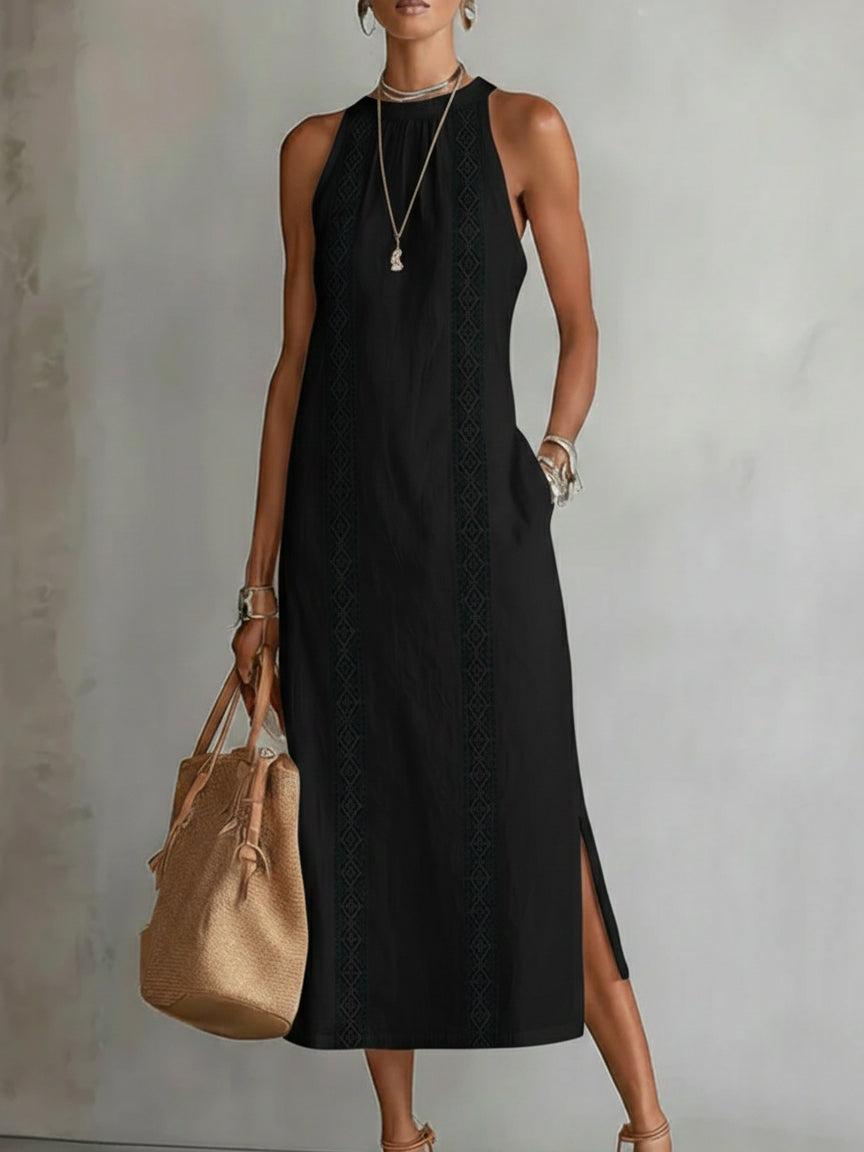 Jimena | Mandarin Collar Midi Dress with Pockets