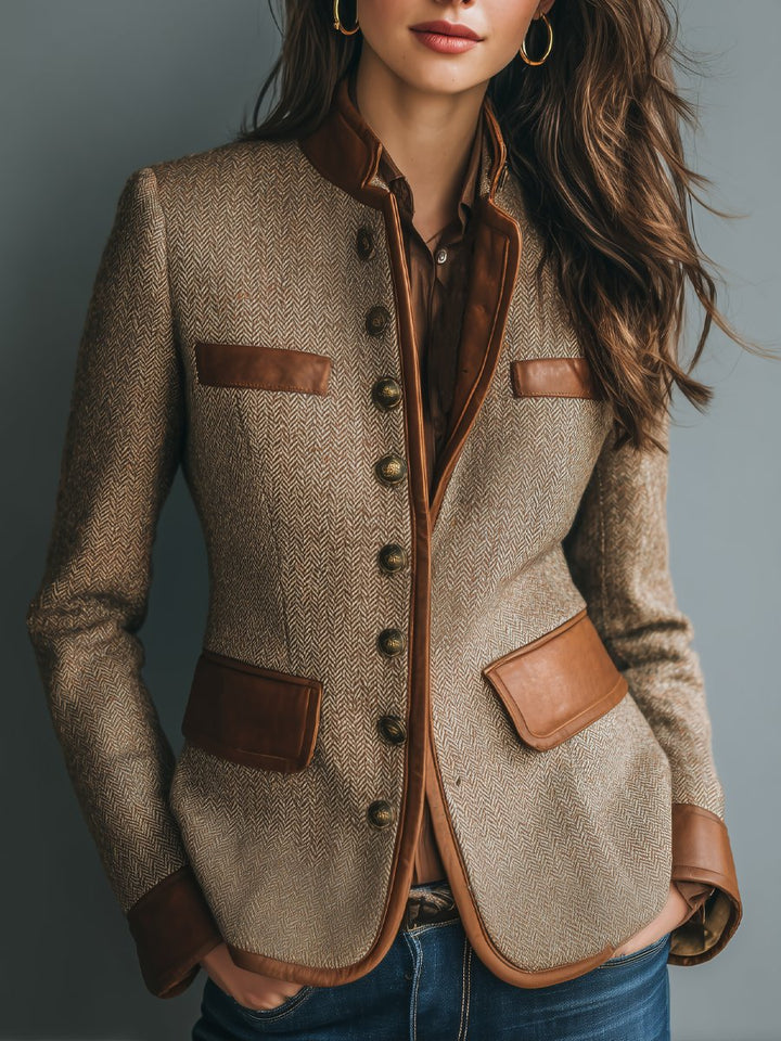 Sophia | Women's Vintage Herringbone Leather-Trim Button-Front Jacket