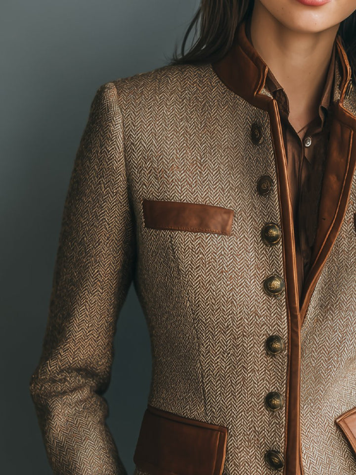 Sophia | Women's Vintage Herringbone Leather-Trim Button-Front Jacket