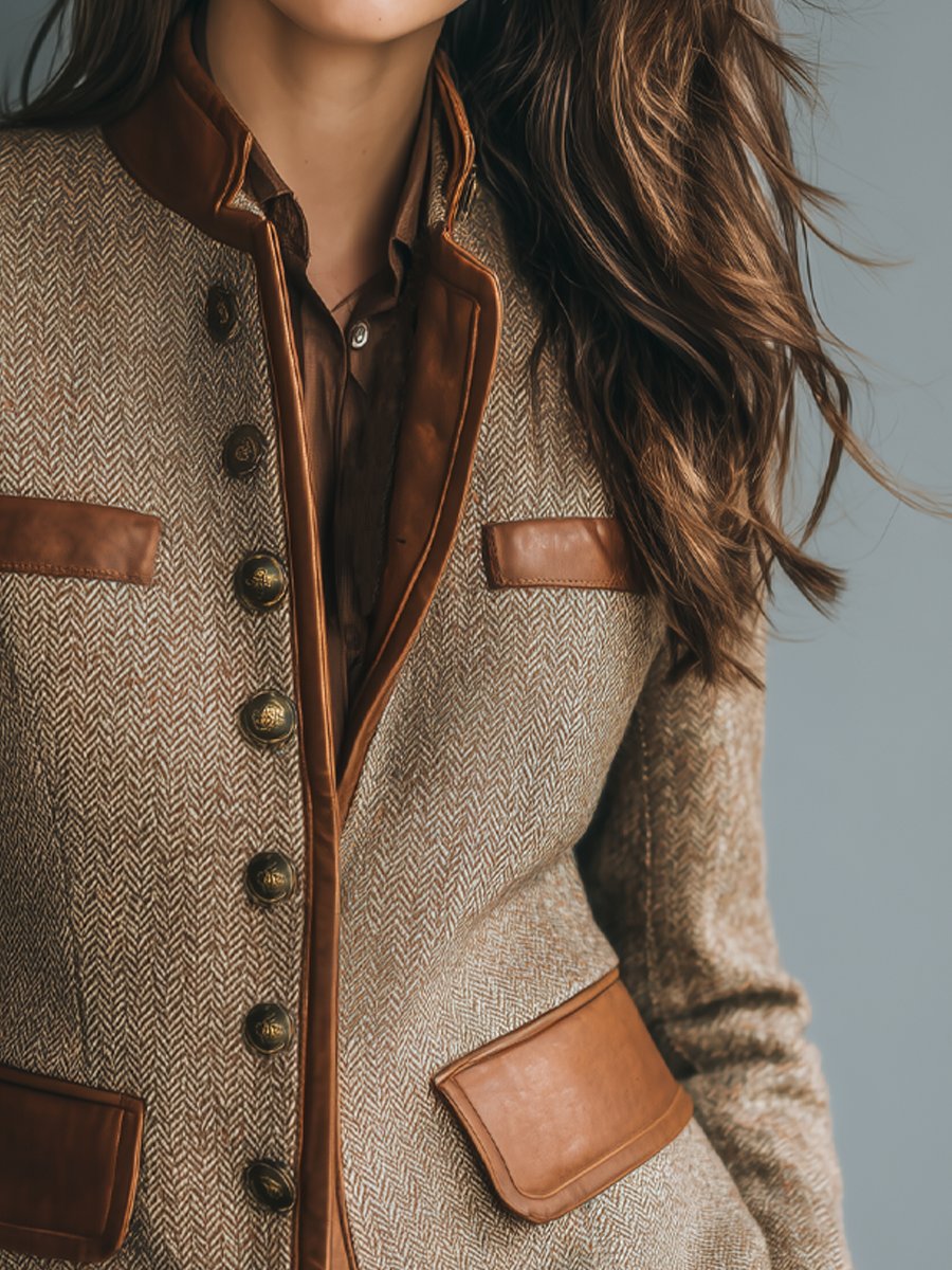 Sophia | Women's Vintage Herringbone Leather-Trim Button-Front Jacket
