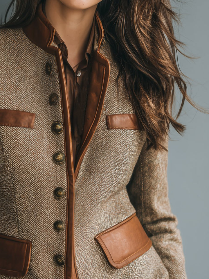 Sophia | Women's Vintage Herringbone Leather-Trim Button-Front Jacket