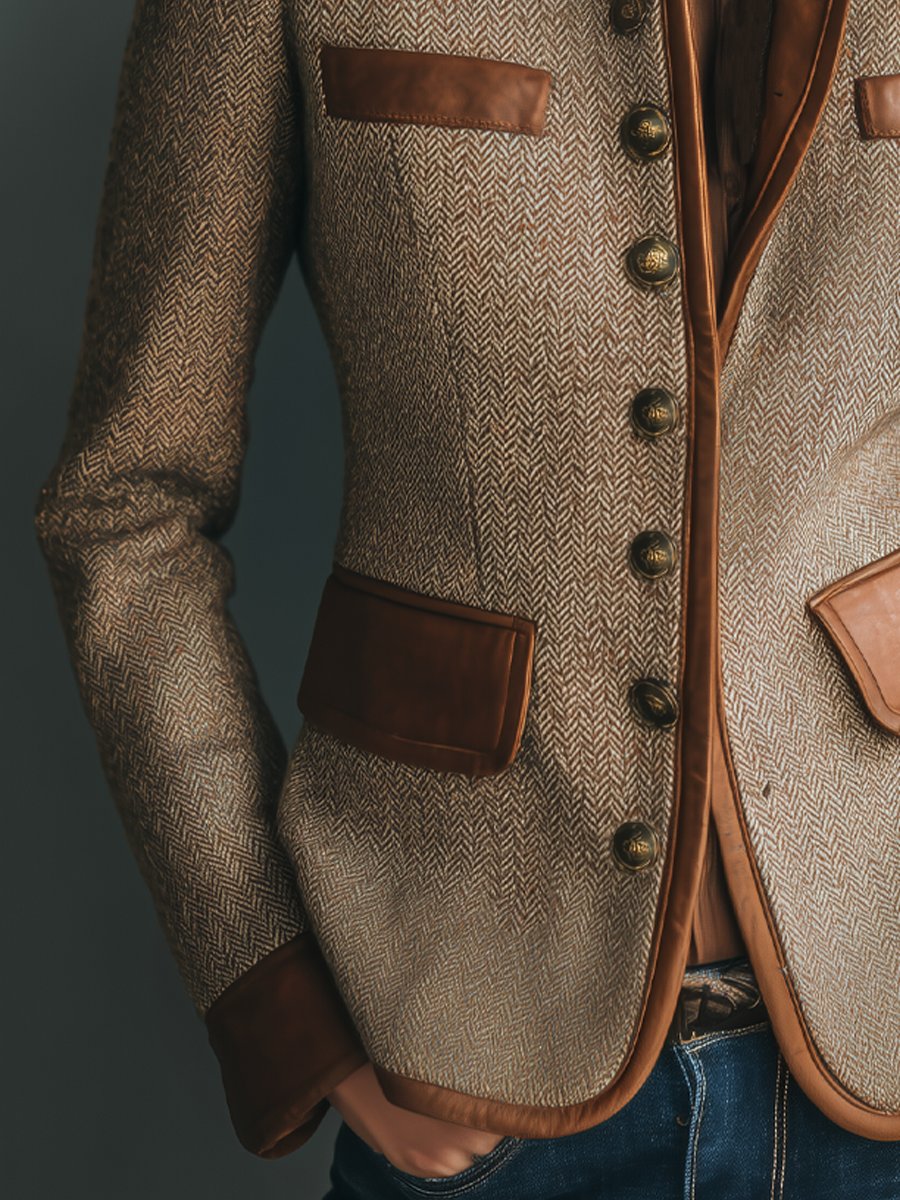 Sophia | Women's Vintage Herringbone Leather-Trim Button-Front Jacket